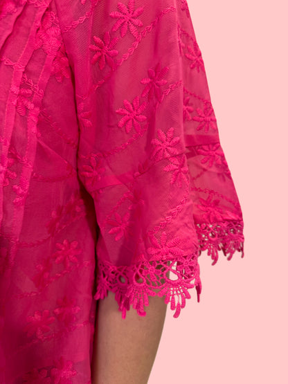 LACE TRIM PLEATED BLOUSE-PINK