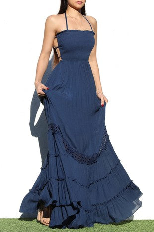 Smocked Top Maxi, Navy