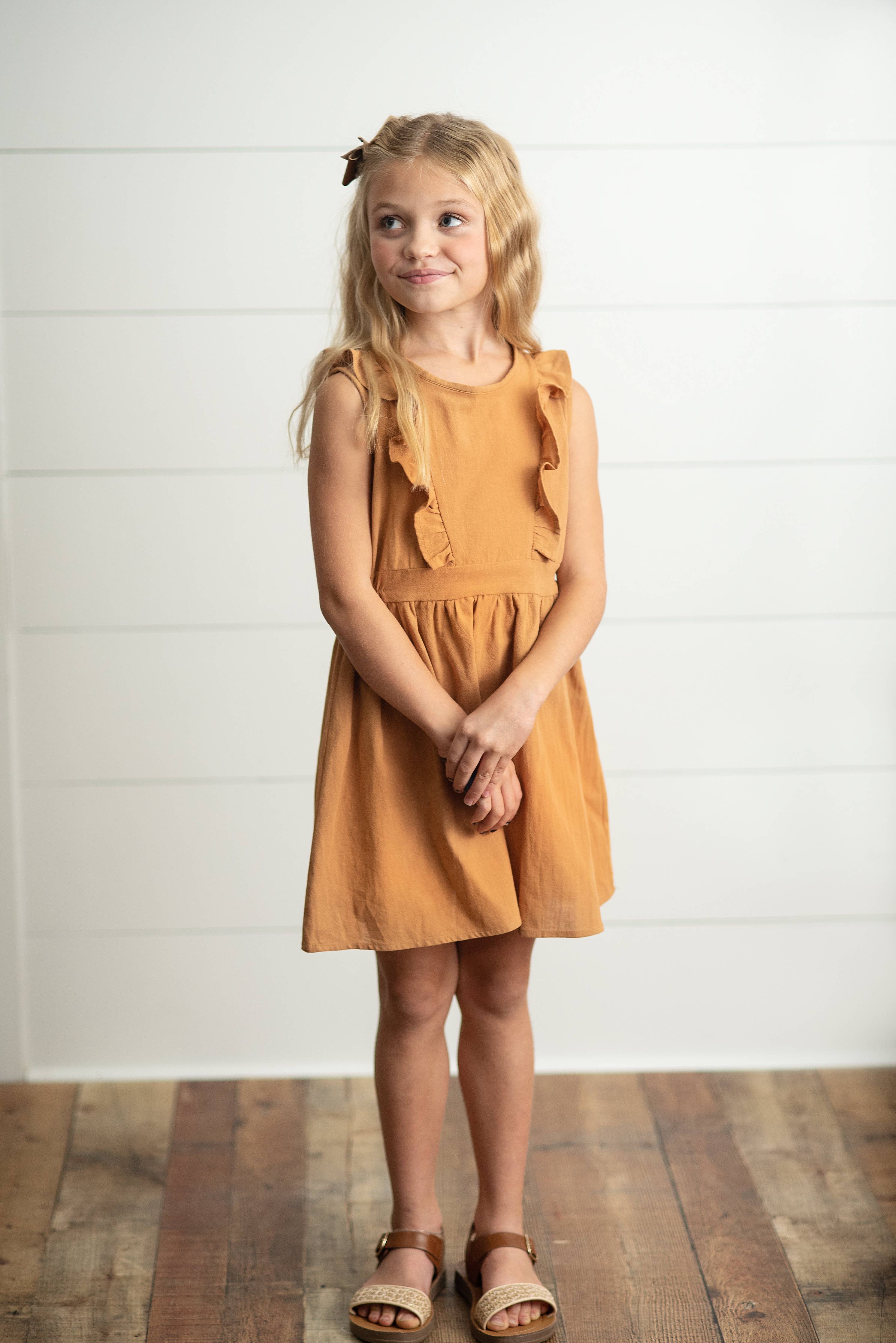 Kids Rust Ruffle Button Back Spring Summer Jumper Dress