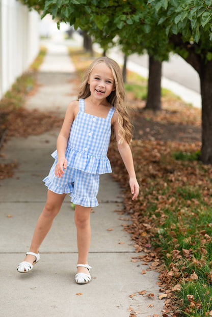 Kids Blue Check Gingham Ruffle Button Spring Short Set