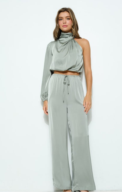 Satin Drawstring Pants, Sage