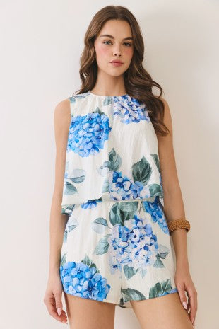 Floral Hydrangea Romper, Blue