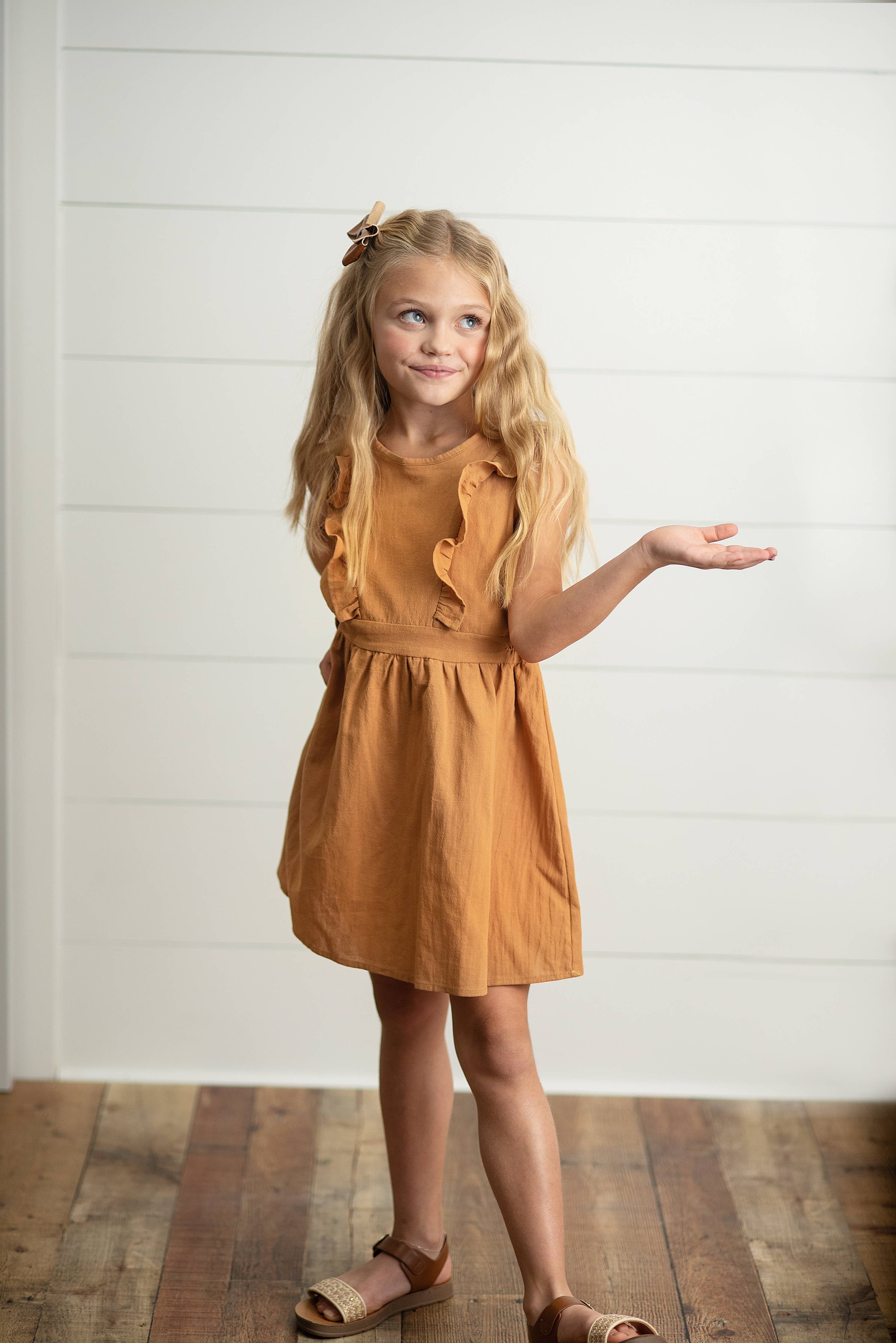 Kids Rust Ruffle Button Back Spring Summer Jumper Dress