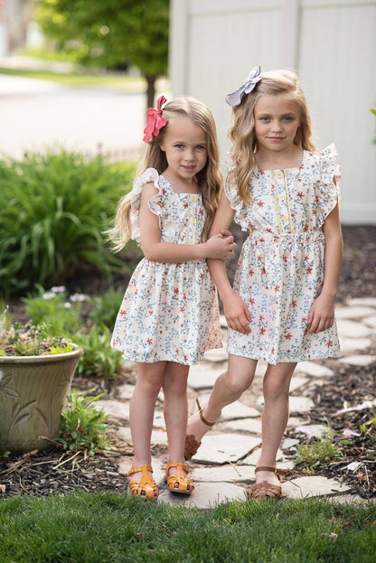 Kids Dainty Floral Print Button Pinafore Spring Easter Dress