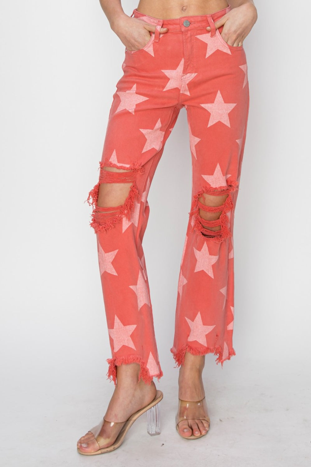 Full Size Distressed Raw Hem Star Pattern Jeans