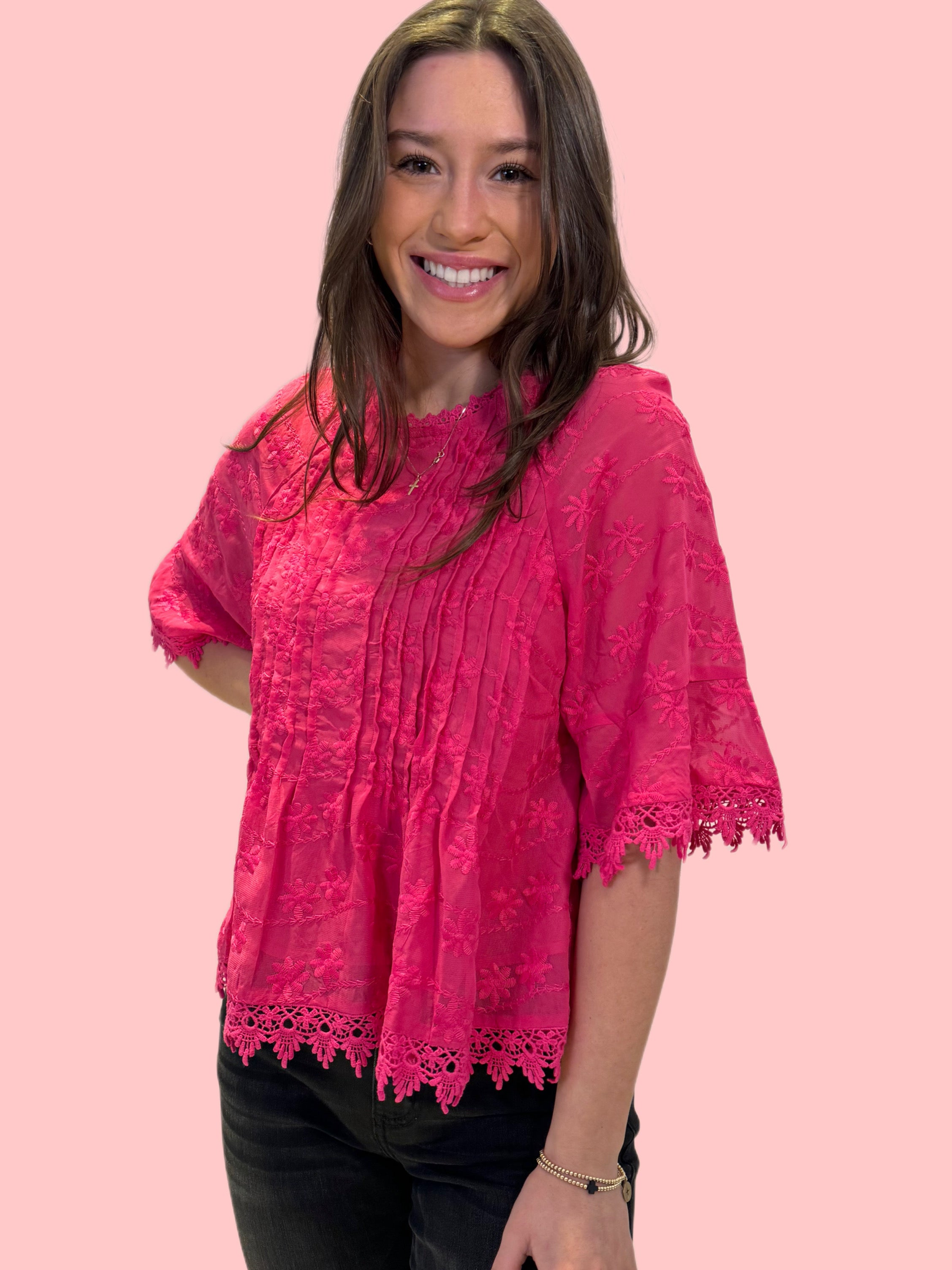 LACE TRIM PLEATED BLOUSE-PINK