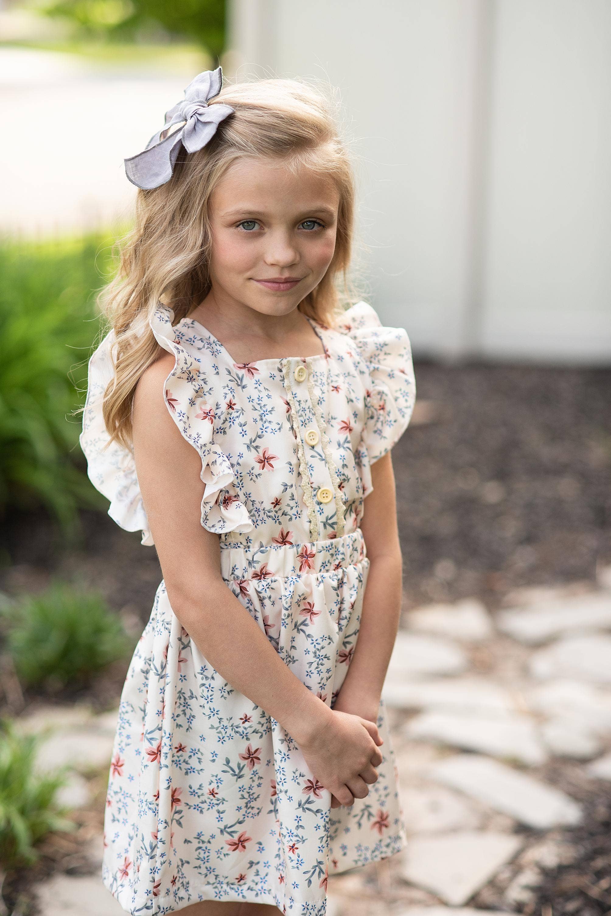 Kids Dainty Floral Print Button Pinafore Spring Easter Dress