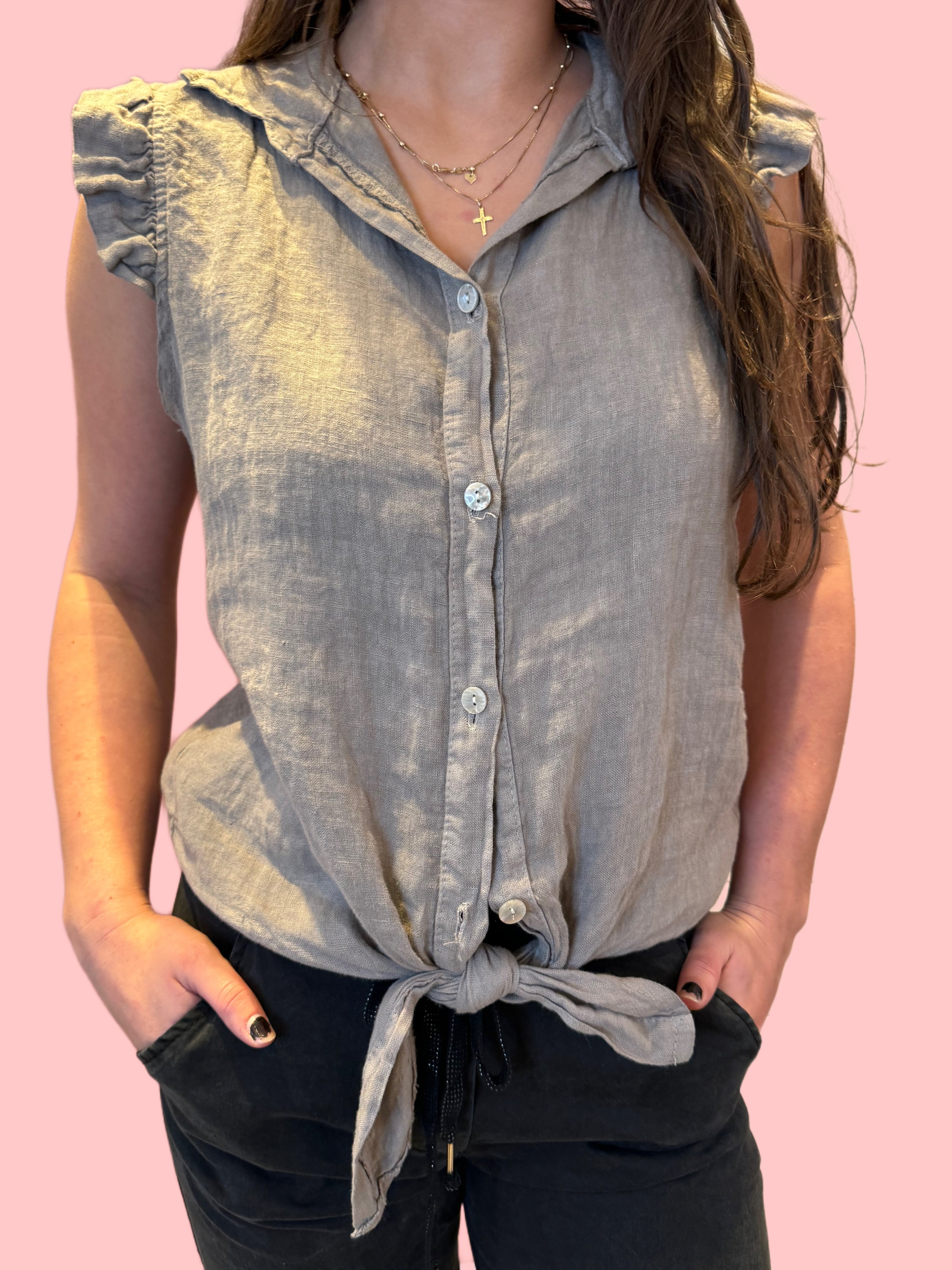 TIE FRONT LINEN TANK-TAUPE