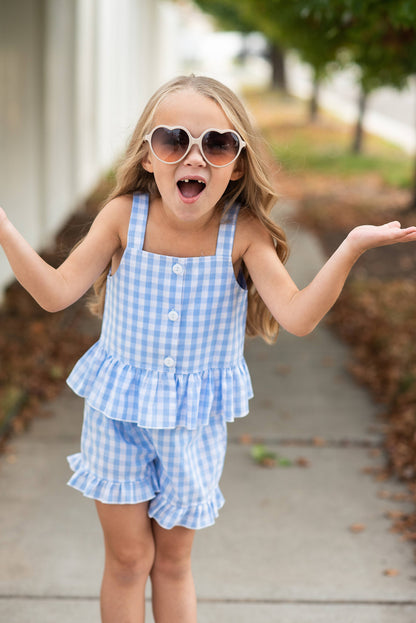 Kids Blue Check Gingham Ruffle Button Spring Short Set