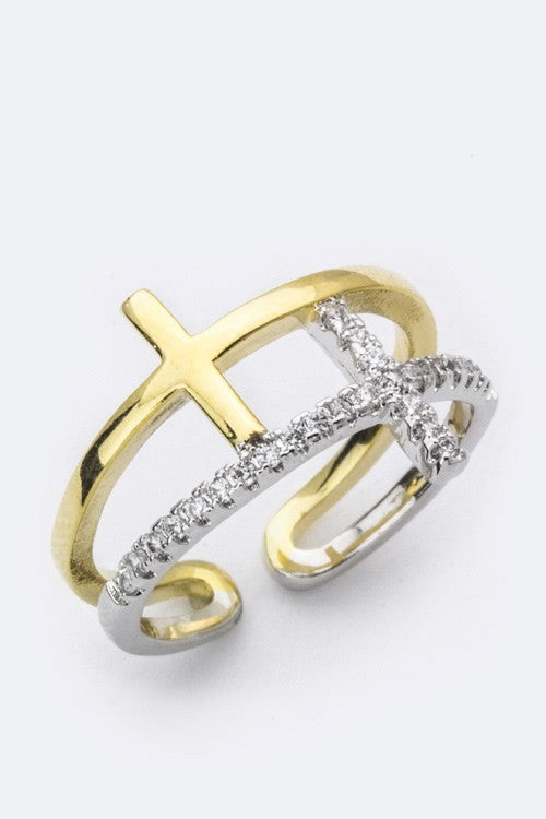 Double CZ Crosses Ring