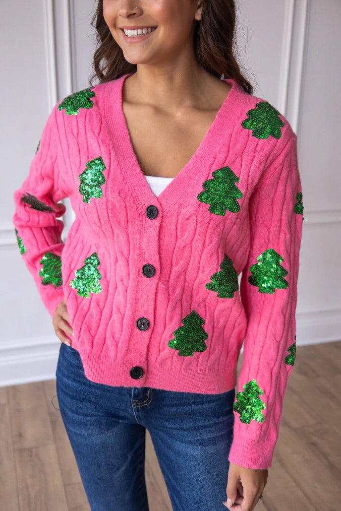 *PRE-ORDER Sequin Trees Cardigan, Pink