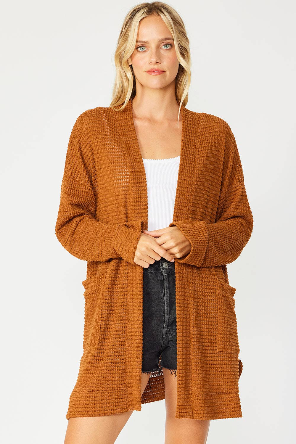 *RE-ORDER WAFFLE KNIT OPEN FRONT CARDIGAN