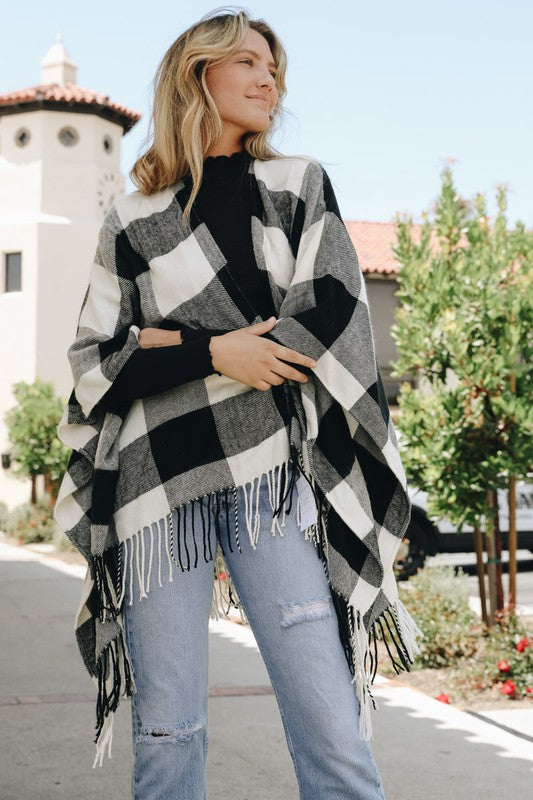 Buffalo Check Tassel Poncho