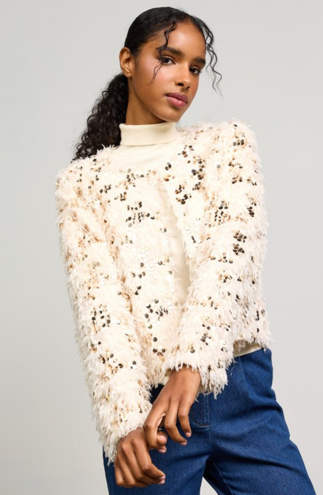 Feathered Sequin Jacket, Silver