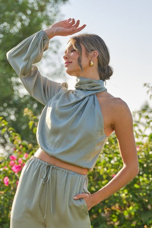 One Sleeve Crop Blouse, Sage