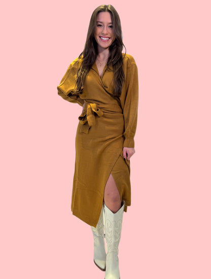 Wrap Sweater Dress-Camel