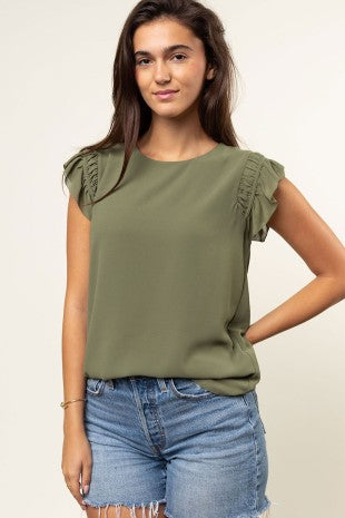 Ruffle Shoulder Blouse, Olive