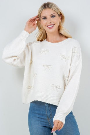 Pearl Bow Pullover, White