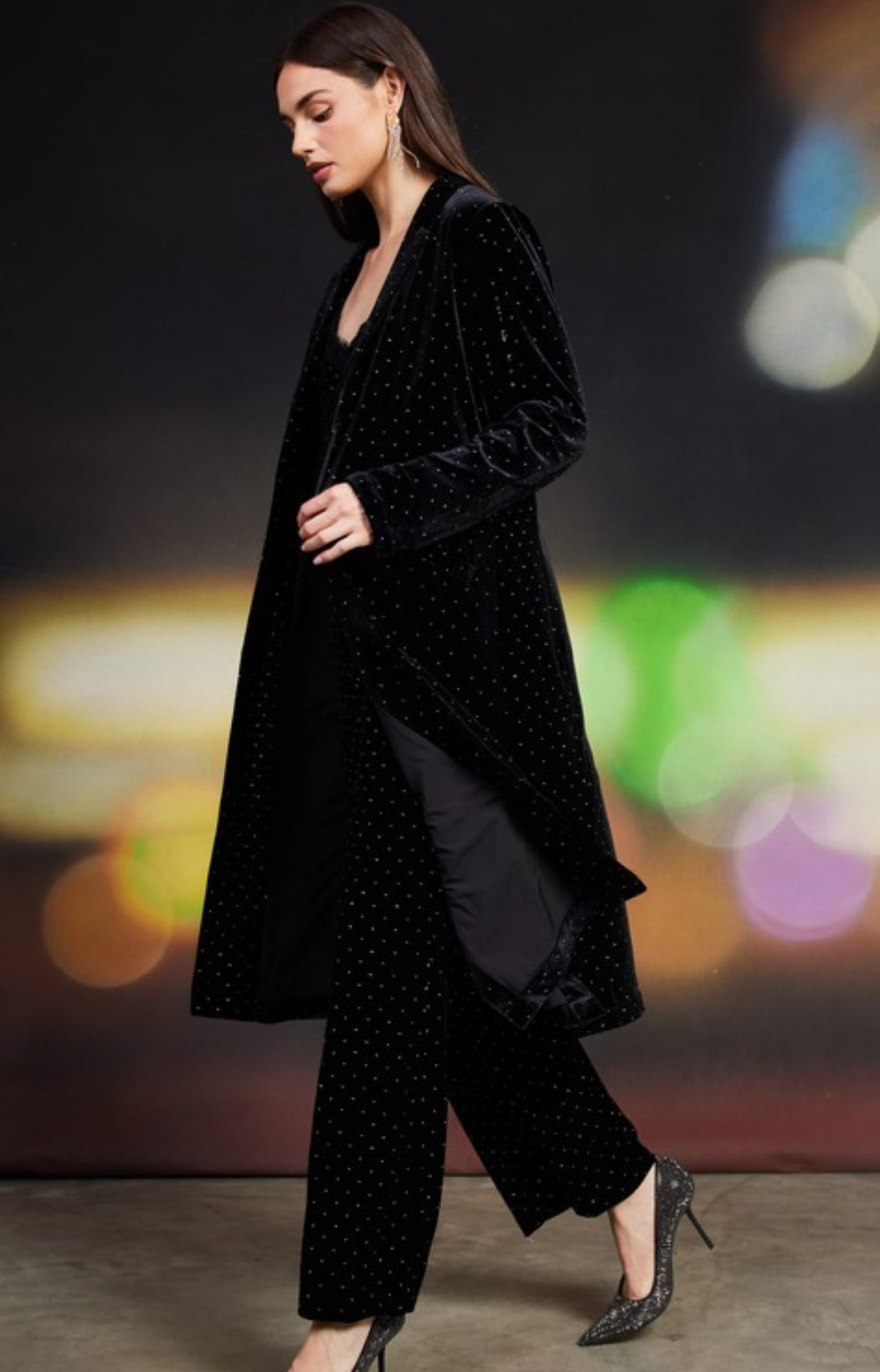 Rhinestone Velvet Duster, Black