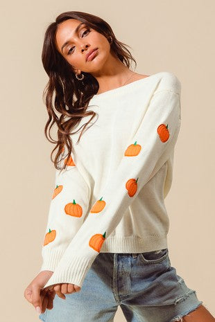 Pumpkin Appliqué Sweater, Ivory