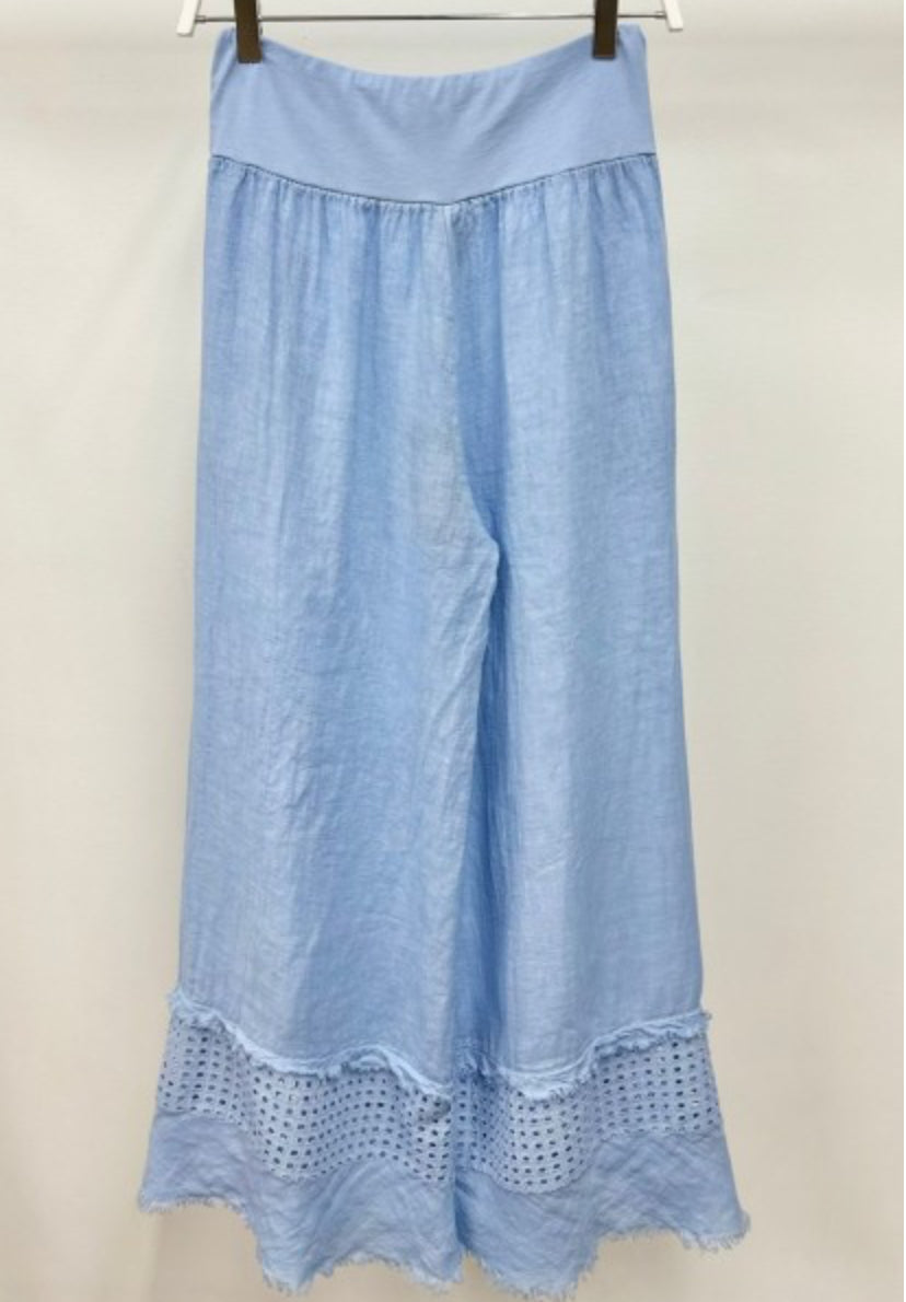 Fringe Hem Eyelet Pants, Sky Blue
