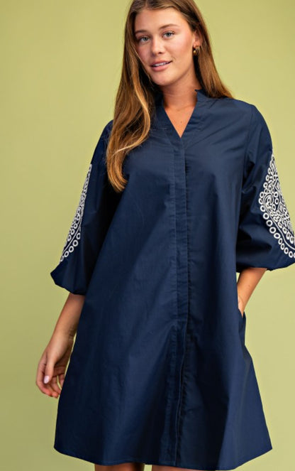 Navy Emb. Sleeve Dress
