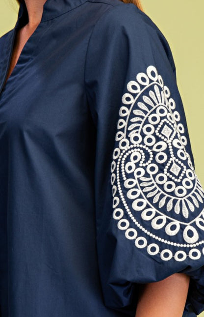 Navy Emb. Sleeve Dress