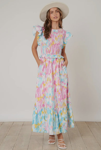 Brushed Print Smocked Maxi