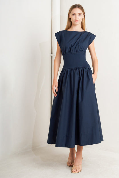 DREAMWEAVER ROMANTIC NAVY WOVEN MIDI DRESS