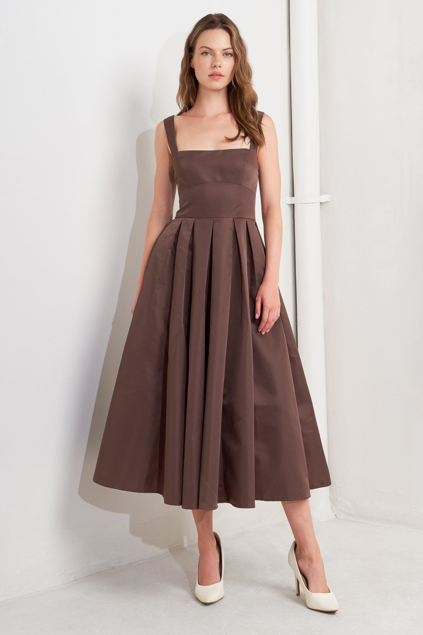 CHOCOLATE SYMPHONY WOVEN MIDI DRESS