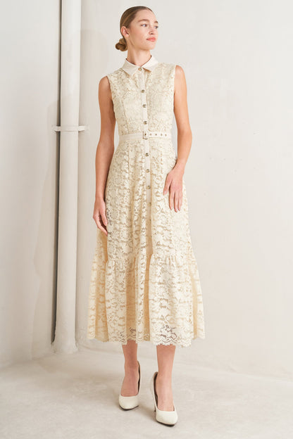 PURELY ROMANTIC WOVEN LACE MIDI DRESS