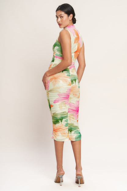 COLORFUL CONFIDENCE POWER MESH MIDI DRESS