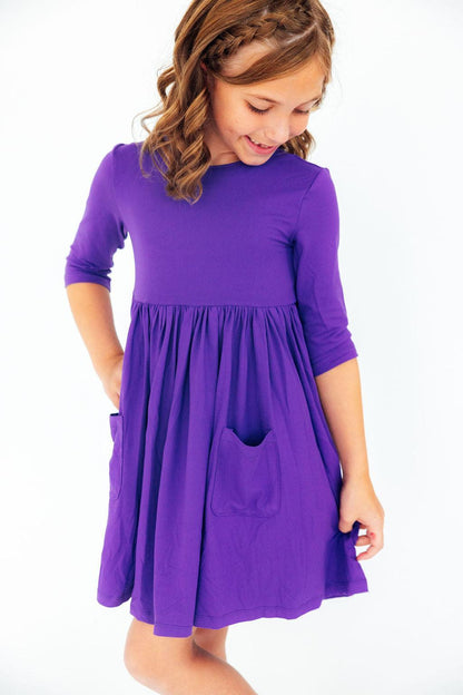 Purple 3/4 Sleeve Pocket Twirl Dress