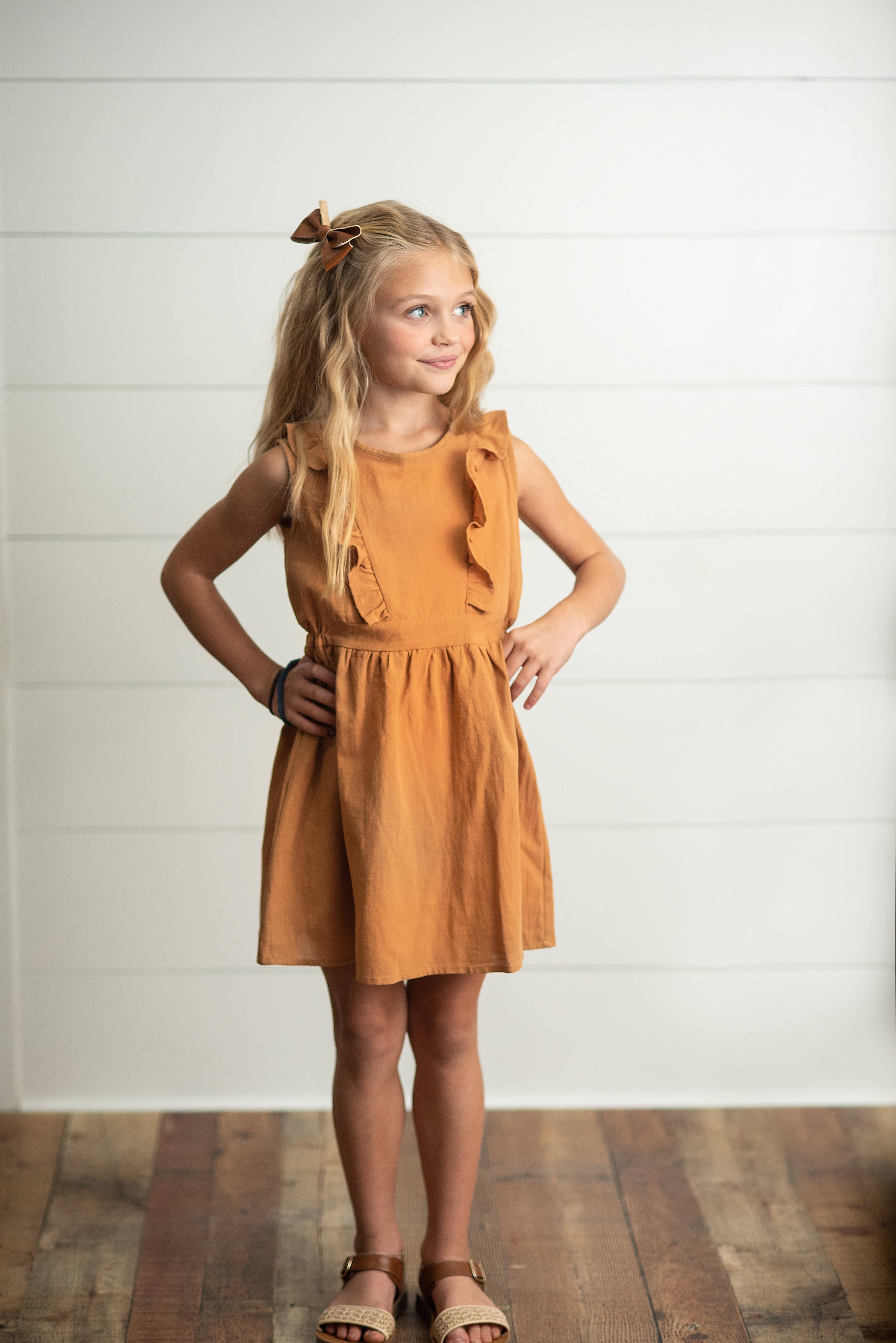 Kids Rust Ruffle Button Back Spring Summer Jumper Dress