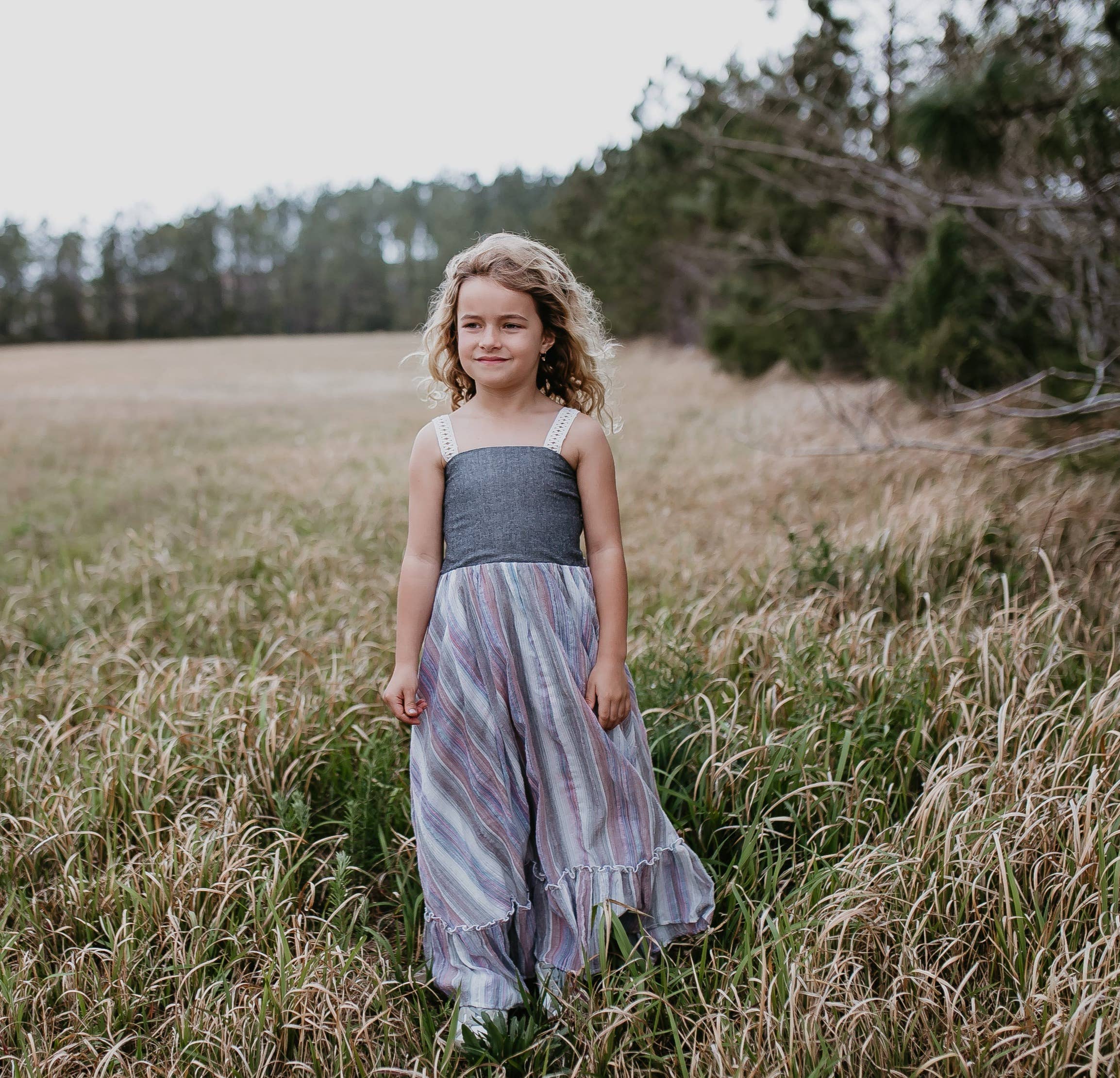 Kids Denim Pink Purple Stripe Maxi Dress