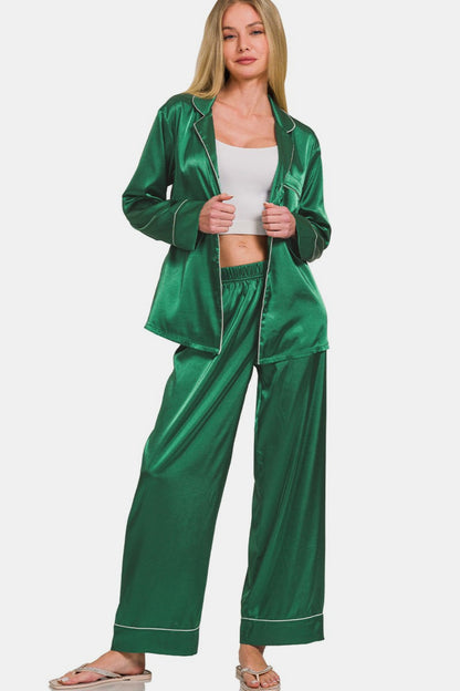 Satin Long Sleeve Shirt and Pants Pajama Set