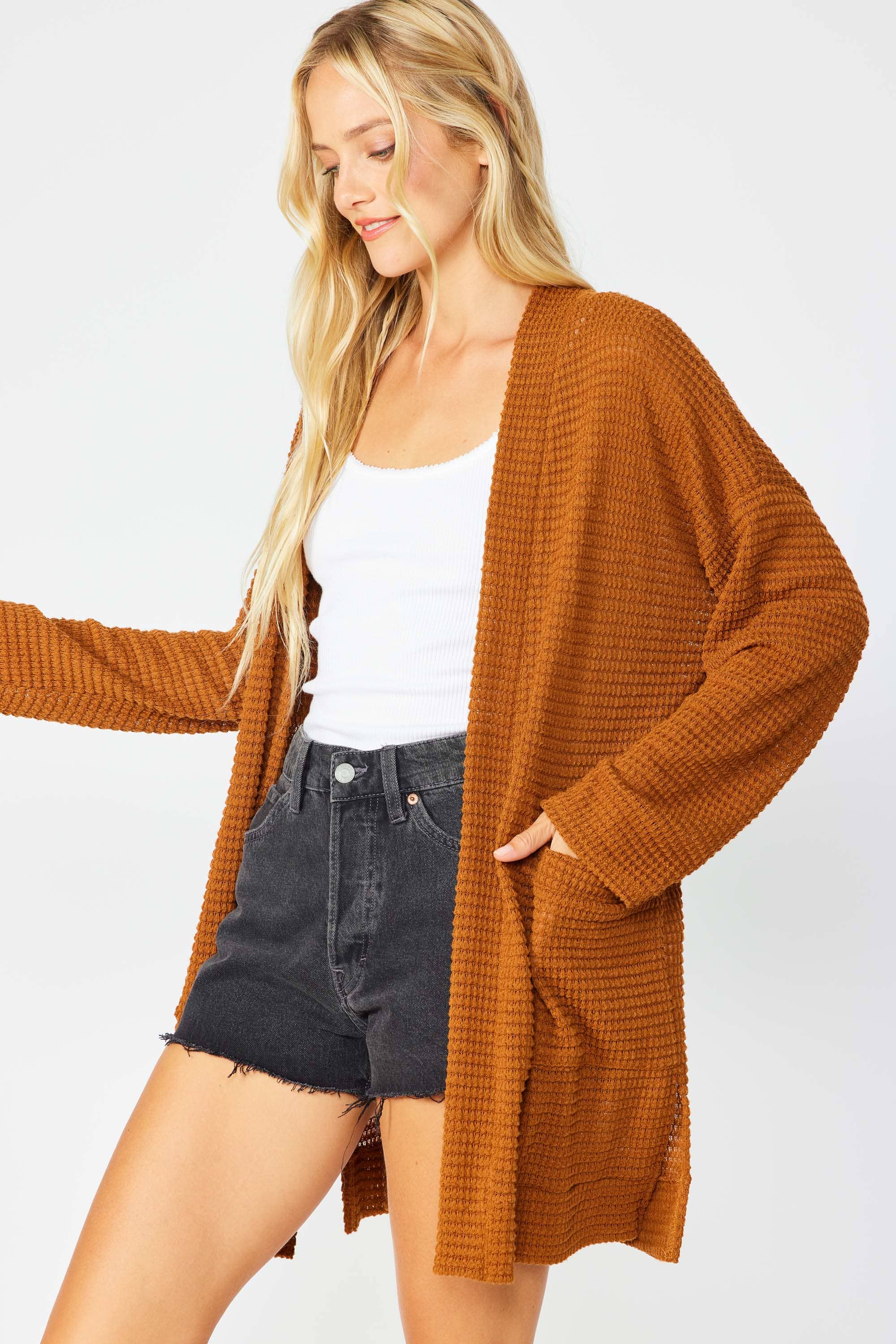 *RE-ORDER WAFFLE KNIT OPEN FRONT CARDIGAN