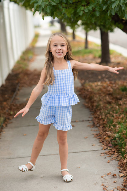 Kids Blue Check Gingham Ruffle Button Spring Short Set