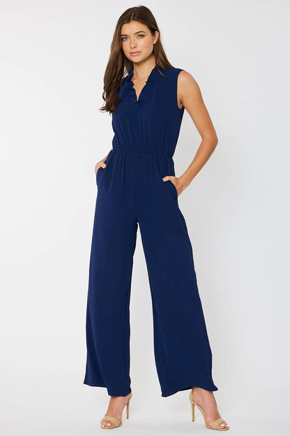 RUFFLED V NECK JUMPSUIT, NAVY