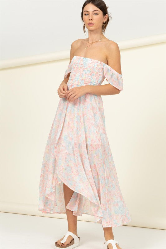 Pastel Florals Smocked Midi Dress