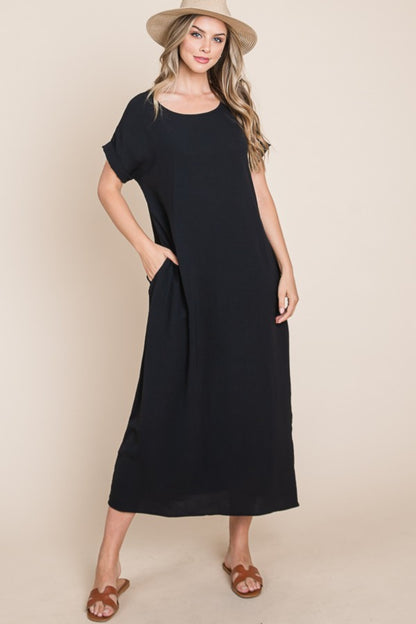 Round Neck Short Sleeve Midi Dress