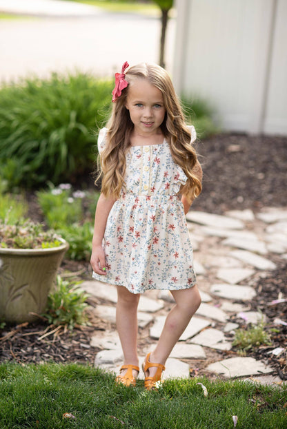 Kids Dainty Floral Print Button Pinafore Spring Easter Dress