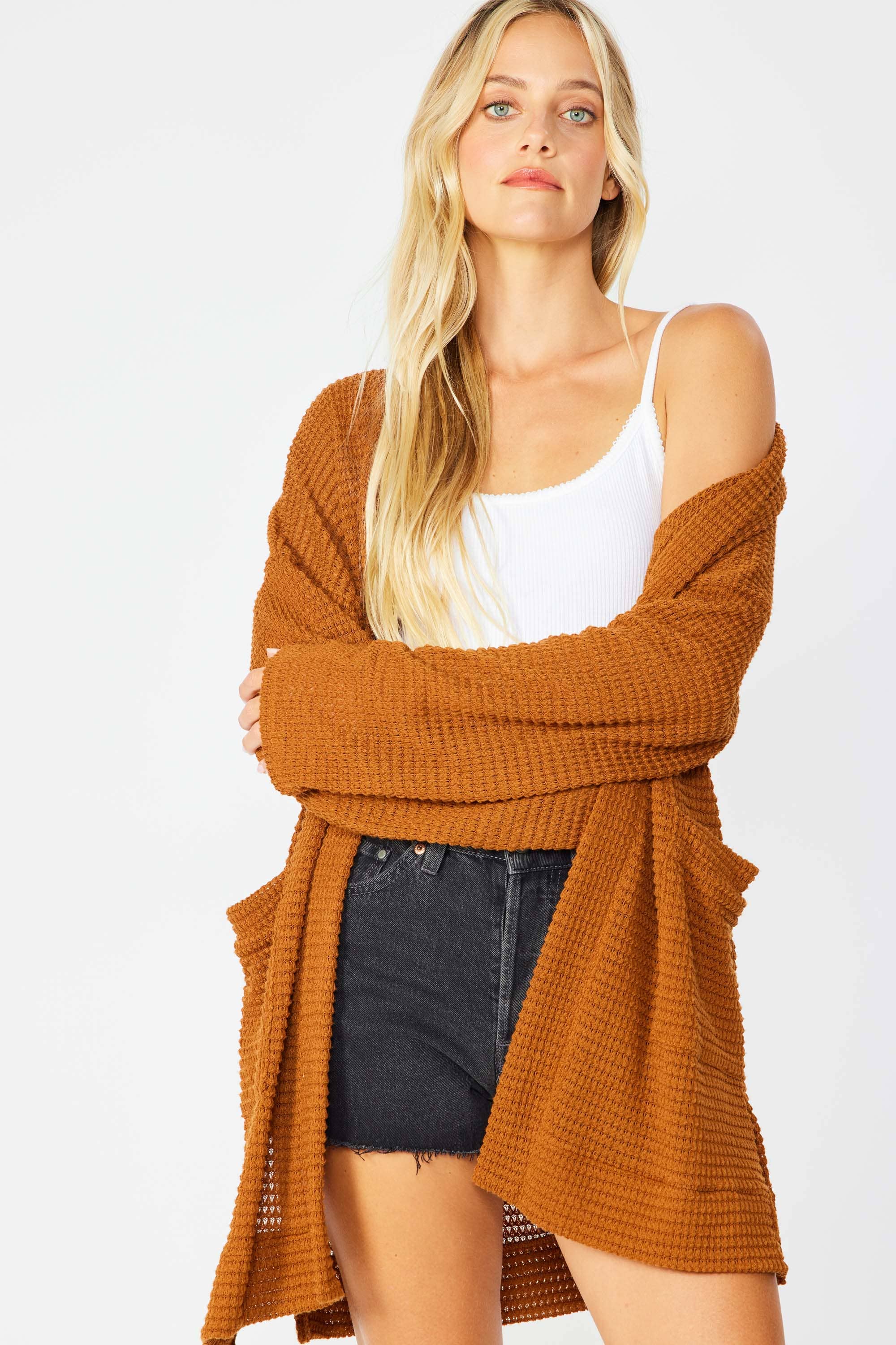 WAFFLE KNIT OPEN FRONT CARDIGAN