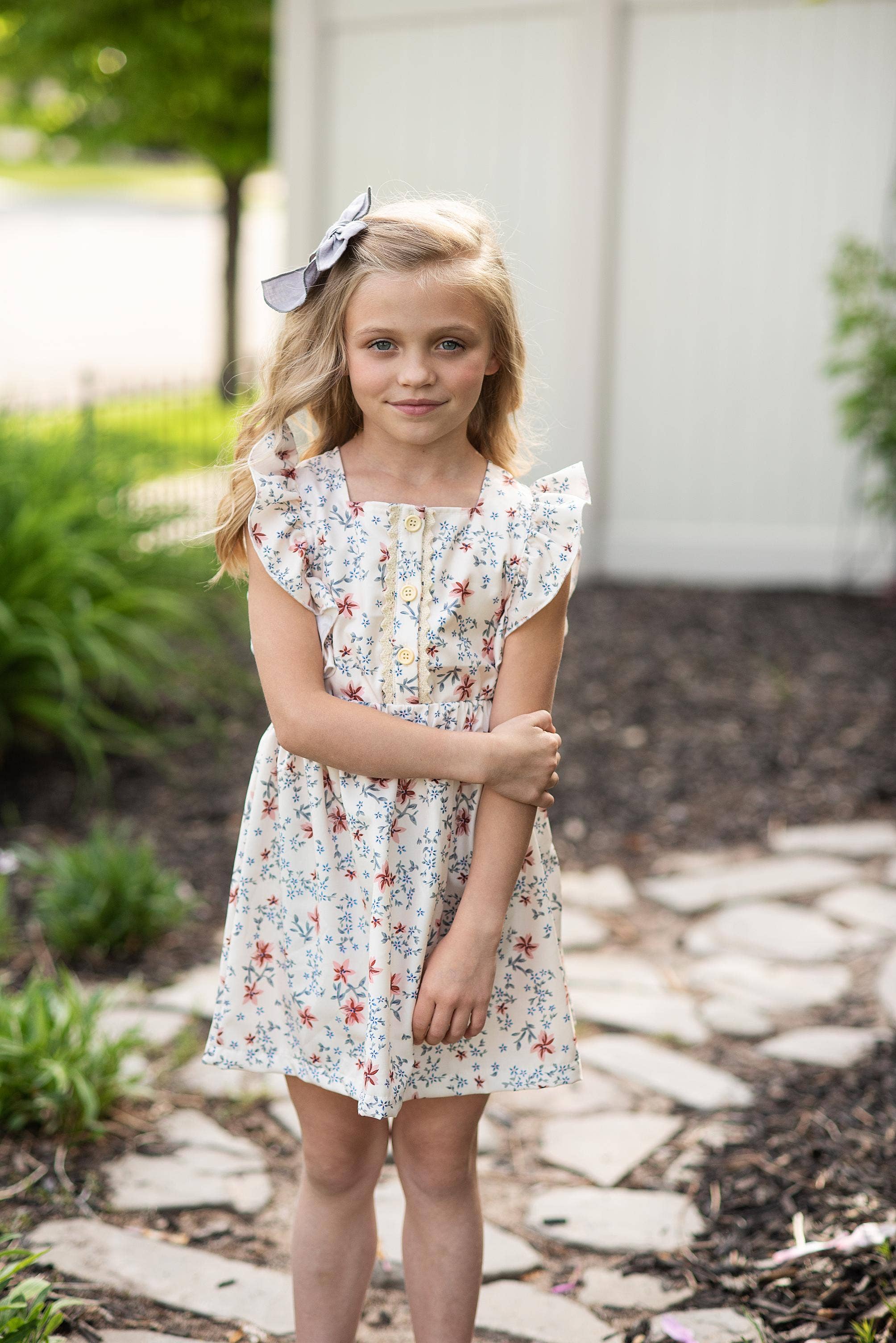 Kids Dainty Floral Print Button Pinafore Spring Easter Dress