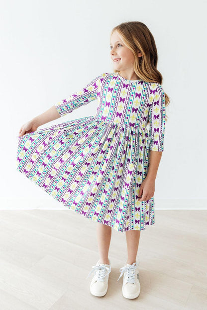 Mardi Gras 3/4 Sleeve Pocket Twirl Dress